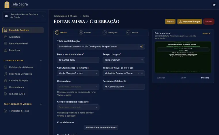 Painel do editor com roteiro litúrgico e prévia do slide em tempo real