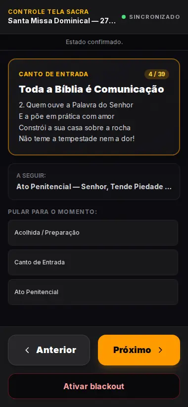 Controle remoto da celebração aberto no smartphone com blackout e botões de toque