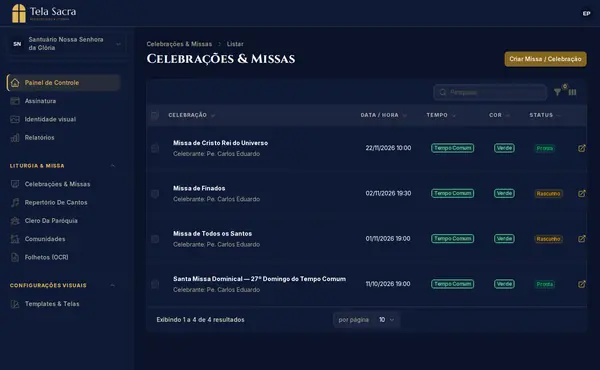 Lista e cadastro de celebrações no painel da Tela Sacra