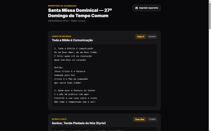 Página operacional de cifras e repertório da celebração com tom e BPM
