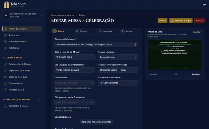 Painel do editor com a celebração e a prévia do slide renderizada ao lado